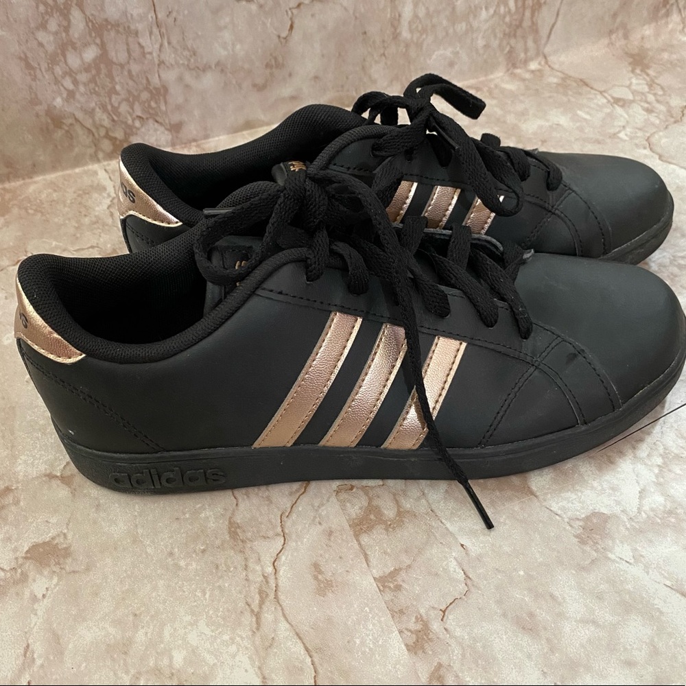 Adidas Black Shoes with Gold Stripes